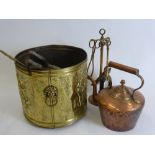 A Quantity of Copper and Brass, including a fireside kettle, a coal scuttle, miniature bellows and