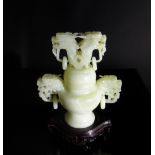 Chinese 20th Century Caledon Jade Censer, the censer having lion mask and ring handles with twin