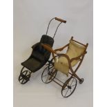 Two Victorian Dolls Prams, a buggy with blue leather seat and a summer buggy with linen seat. (2)