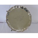 A Silver Card Tray, the tray with roped edge supported on hoof feet, Sheffield hallmark, mm H.B