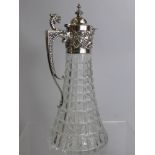A Solid Silver and Cut Brierley Flat Bottomed Claret Jug, the jug having 'lion' form finial to