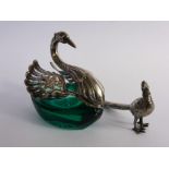 A Miniature Silver Figure of a Pheasant, together with a silver and glass condiment dish in the form