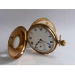 A Gentleman's Keyless 9 Ct Gold and Blue Enamel Half Hunter Pocket Watch, the watch having white