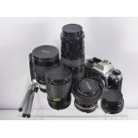 A Nikon FG Camera, Nikon lens, Hanimex 75-300 mm macro lens, Makinon automatic 35-105 mm macro lens,