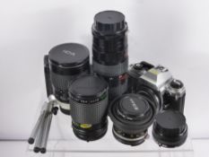 A Nikon FG Camera, Nikon lens, Hanimex 75-300 mm macro lens, Makinon automatic 35-105 mm macro lens,