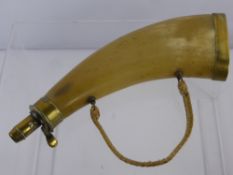 A Continental Horn Powder Flask, with embroidered fabric handle and brass mounts.