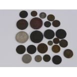 A Box of Miscellaneous Antique Coins, including Irish, Arab Emirates, 2 x George III Crowns dd 1797,