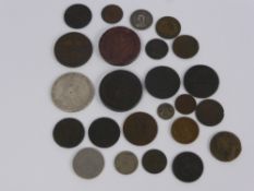 A Box of Miscellaneous Antique Coins, including Irish, Arab Emirates, 2 x George III Crowns dd 1797,