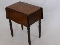 A Mahogany Drop Leaf Occasional Table, two drawers, turned legs, approx 53 x 74 x 63 cms.