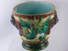 Victorian Majolica Jardiniere, in the Minton style, with lion mask handles and floral and fern