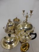 A Quantity of Silver Plate, comprising two oval meat domes, tea pot, wine strainer, gentleman's