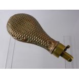 An Antique Copper and Brass Powder Flask, stamped W.H. Hawksley, basket weave and foliate pattern.