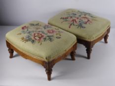 A Pair of Vintage Oak Framed Tapestry Footstools, on turned legs.