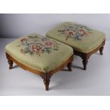 A Pair of Vintage Oak Framed Tapestry Footstools, on turned legs.