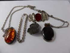 A Collection of Miscellaneous Silver Jewellery, including a silver mounted amber and hard stone