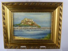 E.K Tucker Oil of Board, depicting Mont Orgueil Castle, Jersey, approx 19 x 14 cms, gilt wood