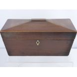 A 19th Century Sarcophagus Tea Caddy together with two quill work stationery boxes and a rosewood