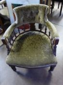 Two Edwardian Tub Chairs, with spindle back supports, decorative carving to front of arm rests. (2)