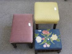 Three Vintage Foot Stools, one embroidered, one pink velvet and the third gold weave covering. (3)