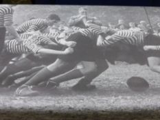 A Large Black and White Vinyl Poster Depicting Rugby, approx 190 x 233 cms.