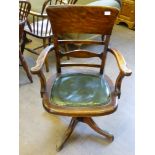 An Antique Boardroom/Captain's Chair, slat back, on splayed legs with leather seat.