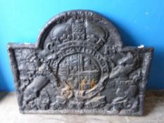 A Cast Iron Fire Back, depicting a Coat of Arms, approx 100 cms wide x 80 cms
