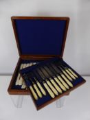 A Boxed Set of Edwardian Bone Handled Fruit Knives and Forks, 10 pcs, some in the original tissue