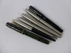 A Miscellaneous Collection of Vintage Pens, including four Parker, one with 14 K nib and one Swan