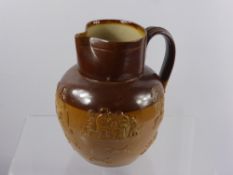 A Doulton Lambeth Ware Jug, with applied decoration of hunting and tavern scenes, approx 20 cms.