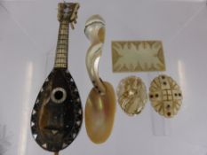 An Antique Miniature Tortoiseshell Bone and Mother of Pearl Mandolin, together with an abalone shell
