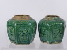 A Pair of Green Glaze Ceramic Ginger Jars, approx 14 cms high.