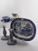A Quantity of Blue and White Willow Pattern, including an oval meat platter, Mason's mug, milk