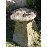 An Antique Cotswold Staddle Stone, approx 65 cms dia, on square base, some loss to top.