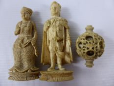 Two Antique Ivory Hand Carved Chess Pieces, depicting an Emperor and Empress. (2) Provenance: From a