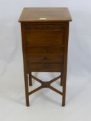 An Edwardian Sewing Table, three drawers, decorative carving and cross stretchers, approx 35x 35 x