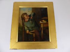 A Continental 19th Century Oil Painting on Copper, depicting a boy and a menacing wasp, signed lower