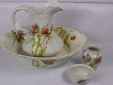A Porcelain Toiletry Set, comprising oval water basin and jug, together with a small vase and soap