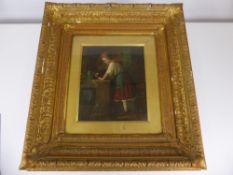 A Continental 19th Century Oil Painting on Copper, depicting a domestic scene of a woman in a