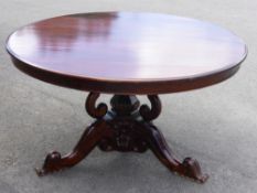 A Victorian Style Mahogany Circular Dining Table, with ornately carved pedestal base, approx 140 dia