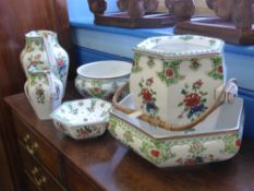 A Booths Silicon China Toiletry Set "Jacobean Shape", comprising shaving dish, chamber pot, small