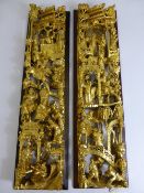 A Pair of Chinese Wood Carved Panels, ornately carved with Manchu warriors on both horseback and