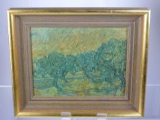 A Photographic Painting of Vincent Van Gogh's "The Olive Grove", approx 26 x 20 cms, framed.