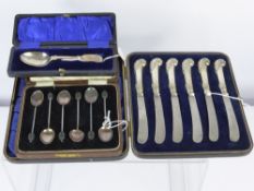 A Set of Coffee Spoons, with bean finial together with silver handled fruit knives in original box