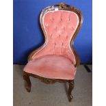 A Victorian Style Upholstered Chair, spoon back, with soft pink velvet covering.