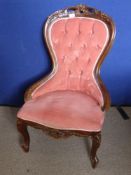 A Victorian Style Upholstered Chair, spoon back, with soft pink velvet covering.