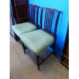 Two Dining Chairs on Tapered Legs, straight stretchers and green brocade upholstery. (2)