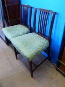 Two Dining Chairs on Tapered Legs, straight stretchers and green brocade upholstery. (2)