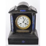 M.A. & Co., Slate Mantle Clock, with enamel front with gilt brass surround and Roman dial, Lapis