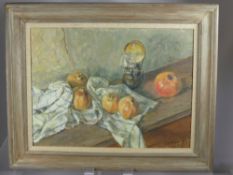 Douglas Coyne, Oil on Canvas, 'Quince with Oil Lamp', approx 40 x 30 cms, signed lower right,