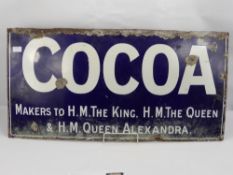 A Blue Enamel Advertising Sign, depicting "Cocoa" royal warrant, makers to H.M. the King, H.M. the